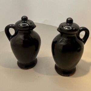 vintage Japanese redware pottery black glazed pitcher salt and pepper shakers